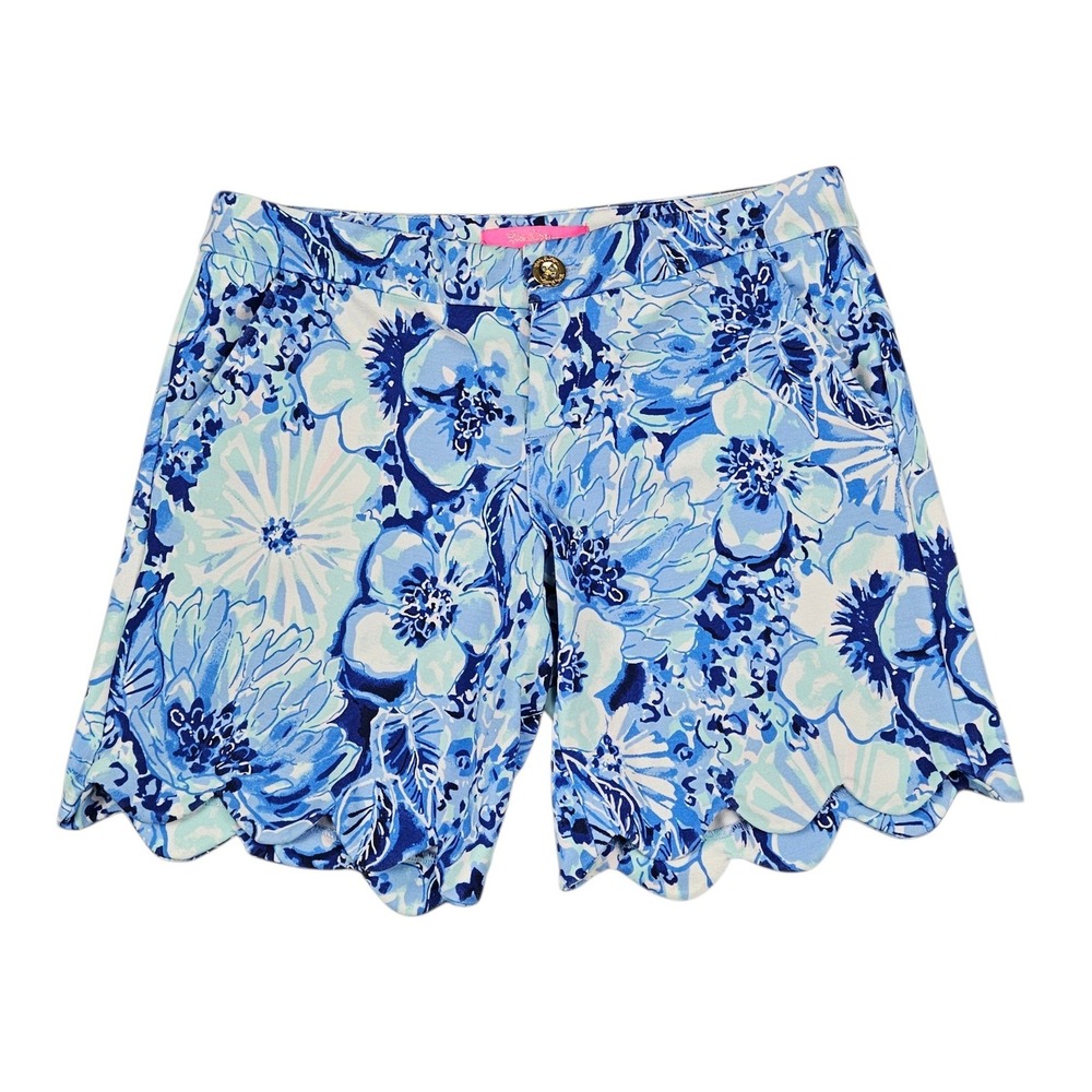 Lilly Pulitzer Size 0 Buttercup Scallop Hemโ Shorts Blue Floral Stretch 001470